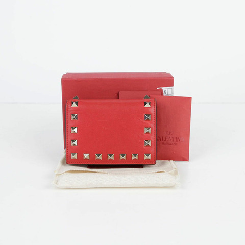 VALENTINO 紅色皮革 Rockstud 緊湊型皮夾 39BOL