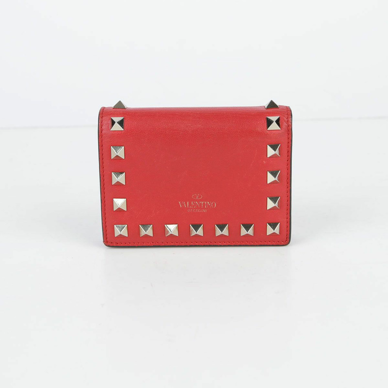 VALENTINO 紅色皮革 Rockstud 緊湊型皮夾 39BOL-2