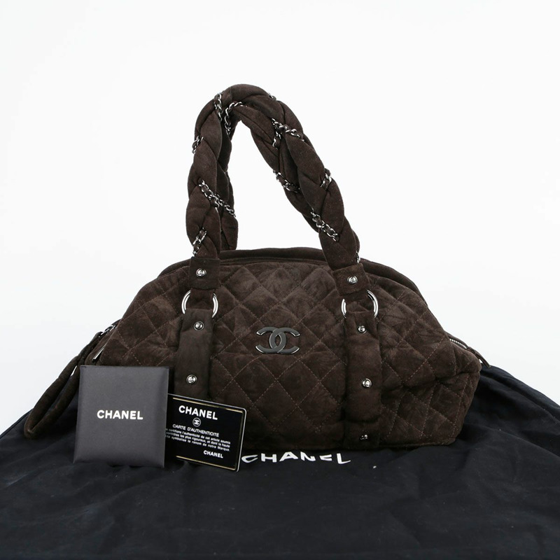 CHANEL 巧克力棕色絨面皮革編織保齡球手提包-0
