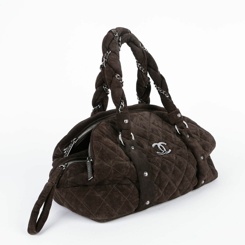 CHANEL 巧克力棕色絨面皮革編織保齡球手提包-1