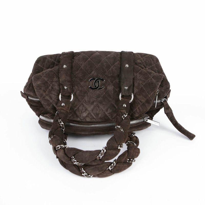 CHANEL 巧克力棕色絨面皮革編織保齡球手提包-19