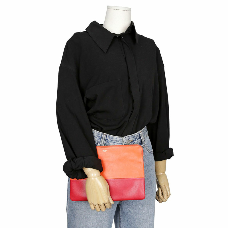 CELINE 紅橙色雙色皮革手拿包-20