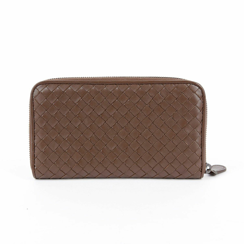 BOTTEGA VENETA 棕色皮革 Intrecciato 拉鍊長版皮夾-1