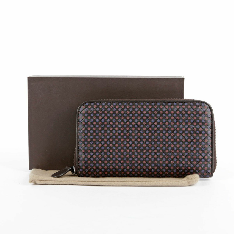 BOTTEGA VENETA 棕色皮革花卉圖案編織拉鍊長皮夾-0
