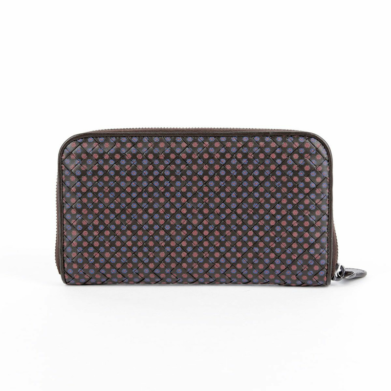 BOTTEGA VENETA 棕色皮革花卉圖案編織拉鍊長皮夾-1