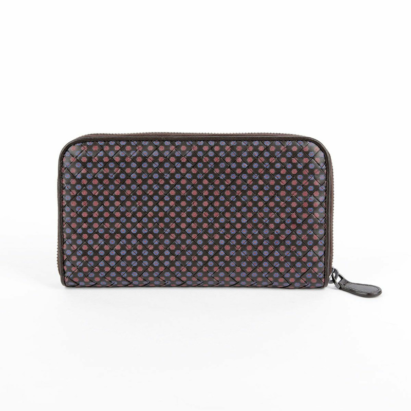 BOTTEGA VENETA 棕色皮革花卉圖案編織拉鍊長皮夾-1
