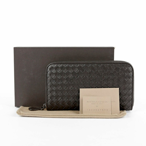 BOTTEGA VENETA 深棕色皮革 Intrecciato 拉鍊錢包