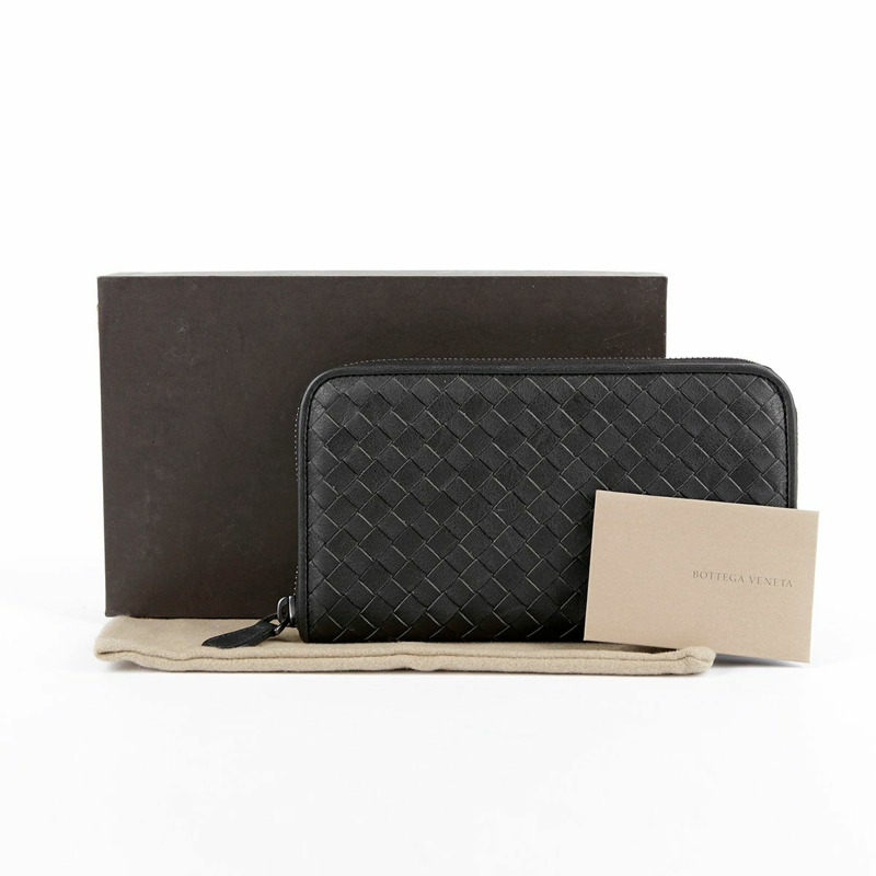 BOTTEGA VENETA 深灰色皮革 Intrecciato 拉鍊長版皮夾-0