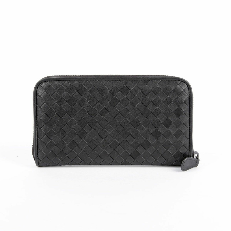 BOTTEGA VENETA 深灰色皮革 Intrecciato 拉鍊長版皮夾-1