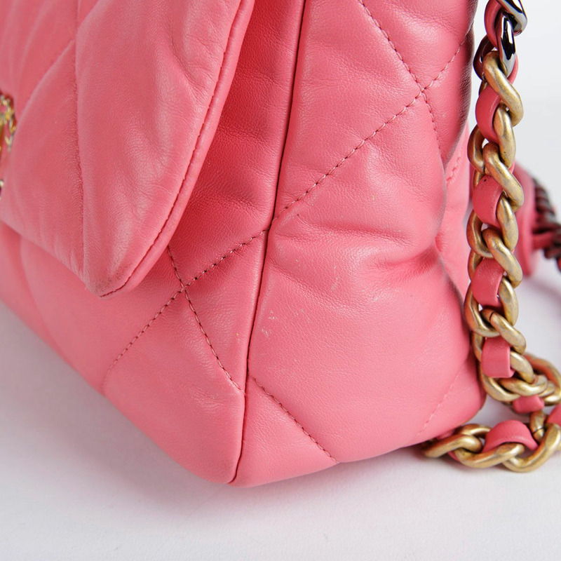 【包稅】CHANEL 中型粉紅羊皮19鏈條單肩包-13