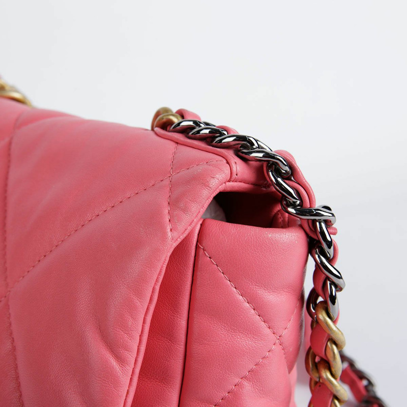 【包稅】CHANEL 中型粉紅羊皮19鏈條單肩包-14