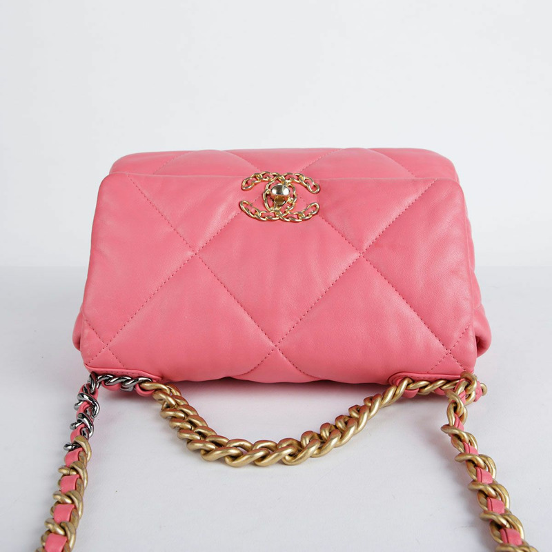 【包稅】CHANEL 中型粉紅羊皮19鏈條單肩包-15