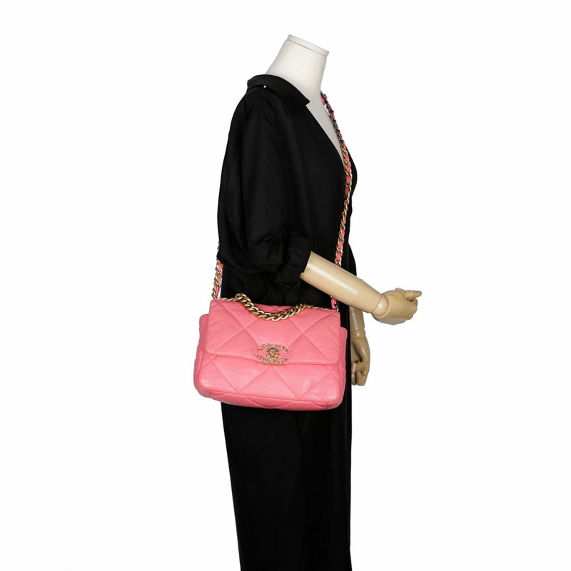 【包稅】CHANEL 中型粉紅羊皮19鏈條單肩包-28