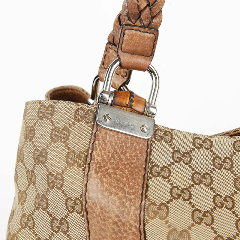 GUCCI 棕色皮革邊飾竹子裝飾手提包-1