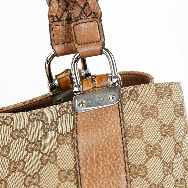 GUCCI 棕色皮革邊飾竹子裝飾手提包-2