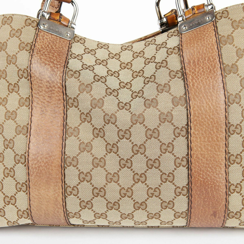 GUCCI 棕色皮革邊飾竹子裝飾手提包-3