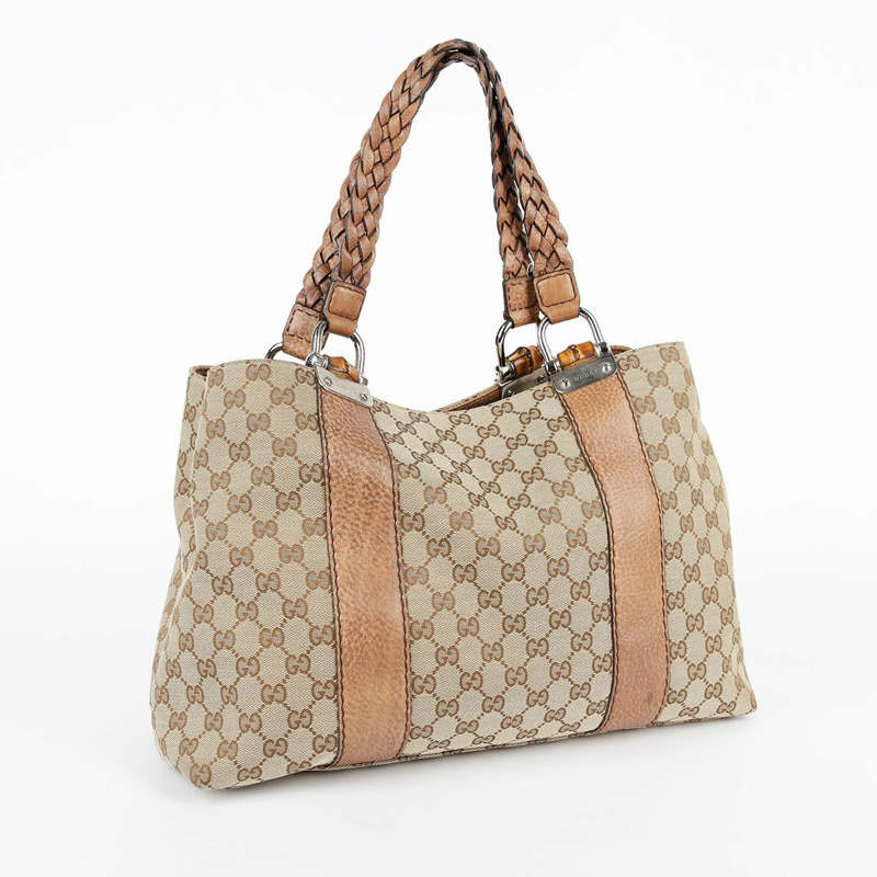 GUCCI 棕色皮革邊飾竹子裝飾手提包-5