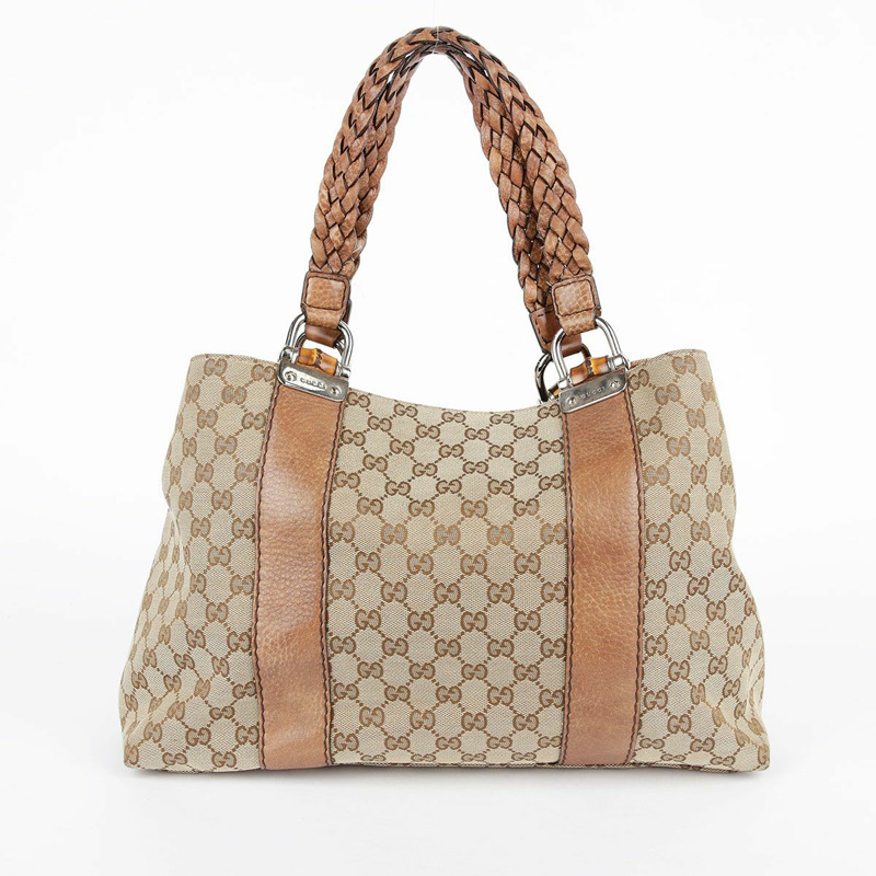 GUCCI 棕色皮革邊飾竹子裝飾手提包-6