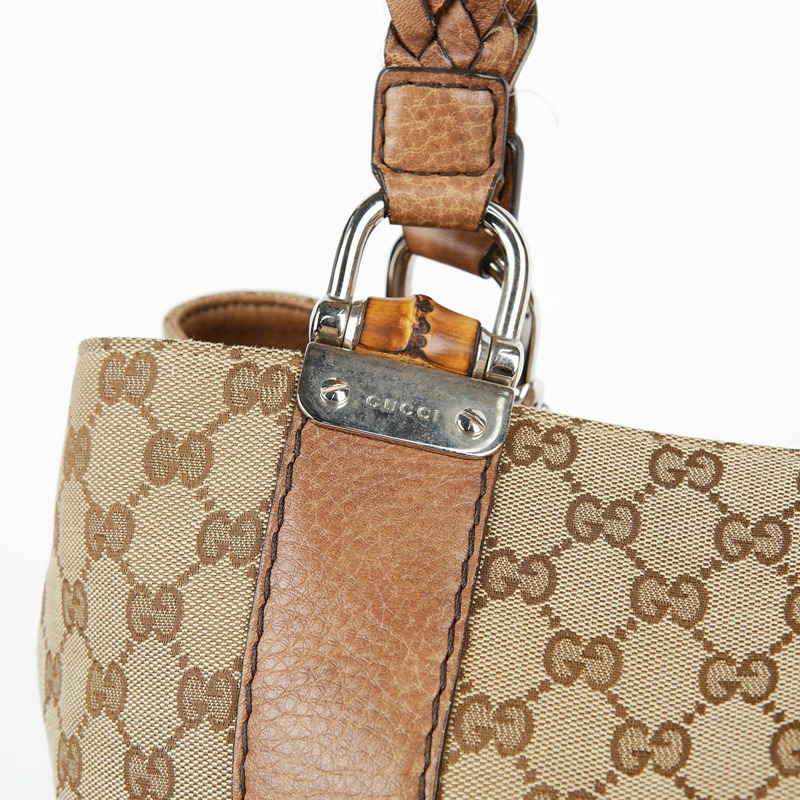 GUCCI 棕色皮革邊飾竹子裝飾手提包-7