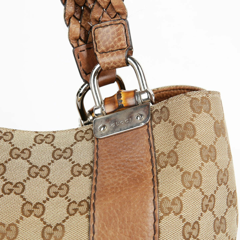 GUCCI 棕色皮革邊飾竹子裝飾手提包-8