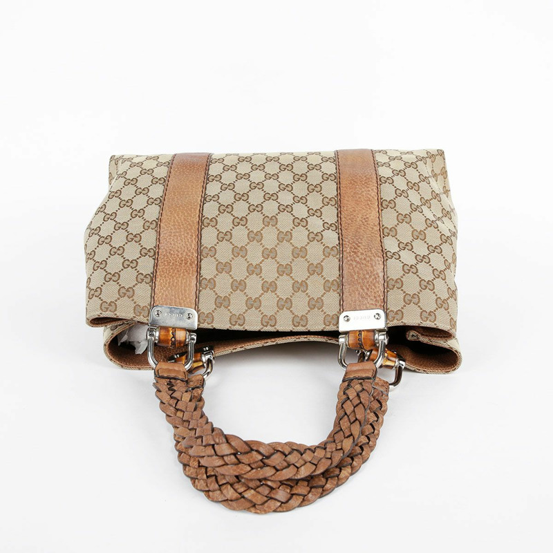 GUCCI 棕色皮革邊飾竹子裝飾手提包-18