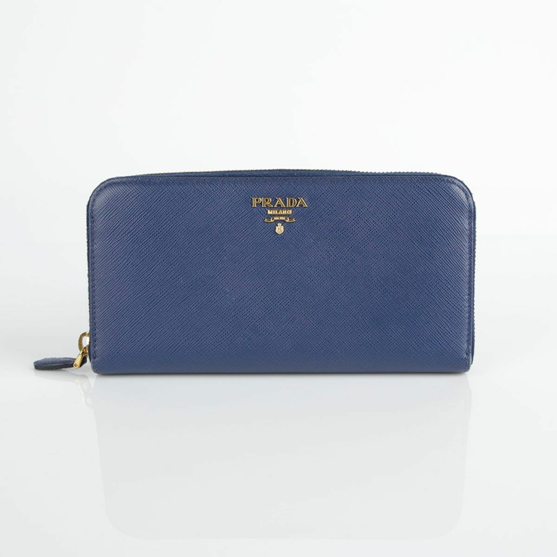 PRADA 藍色 Saffiano 皮革金屬標誌長錢包-0