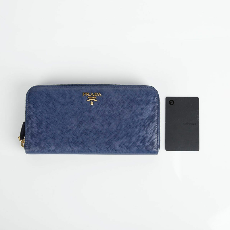 PRADA 藍色 Saffiano 皮革金屬標誌長錢包-17