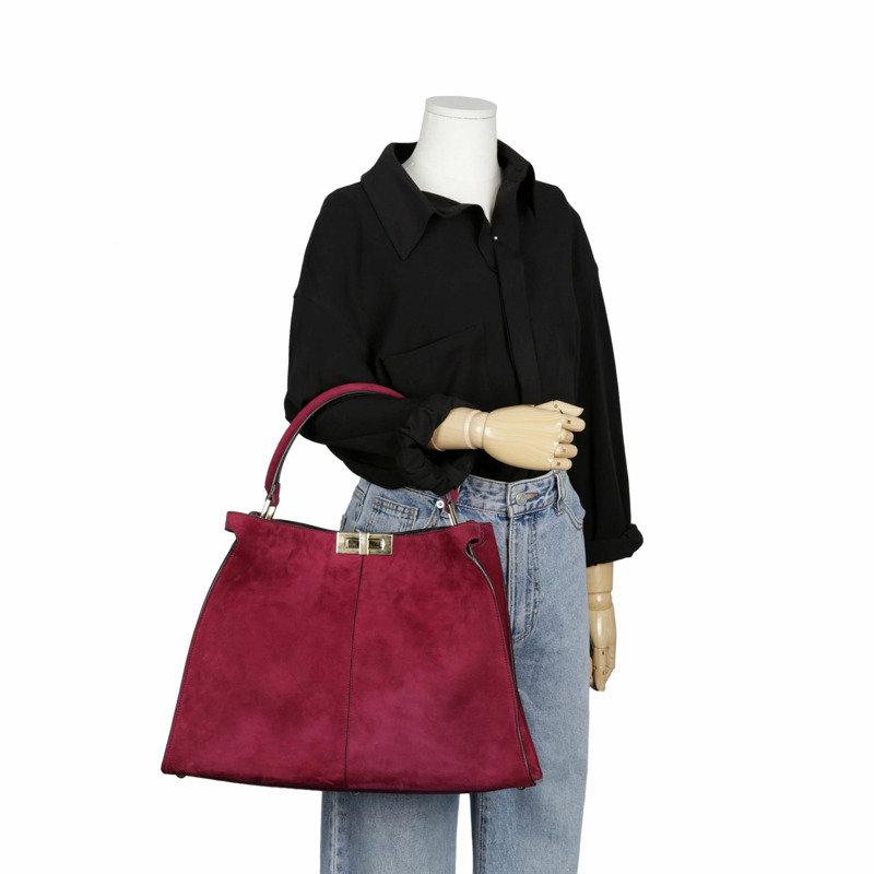 【包稅】FENDI 酒紅色絨面革 Peekaboo Exlight Peekaboo 單肩包-20