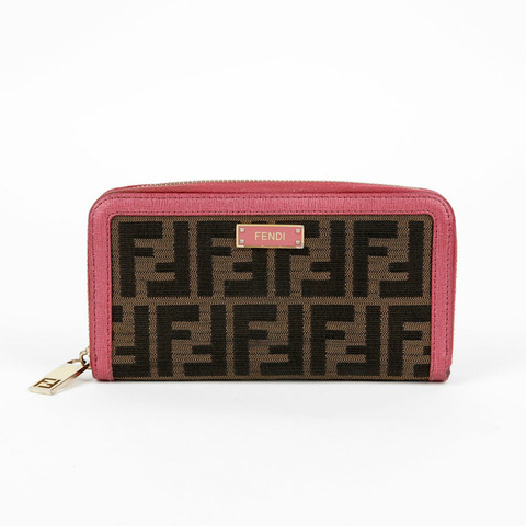FENDI 粉紅色皮革 Juka 帆布拉鍊長皮夾
