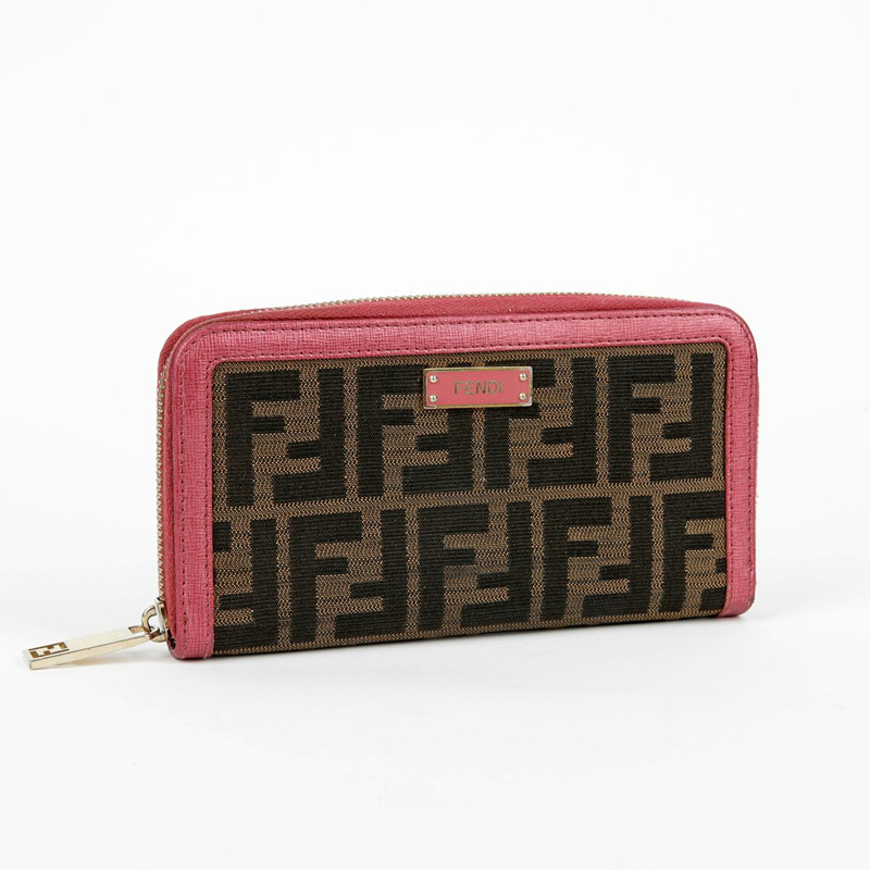 FENDI 粉紅色皮革 Juka 帆布拉鍊長皮夾-1