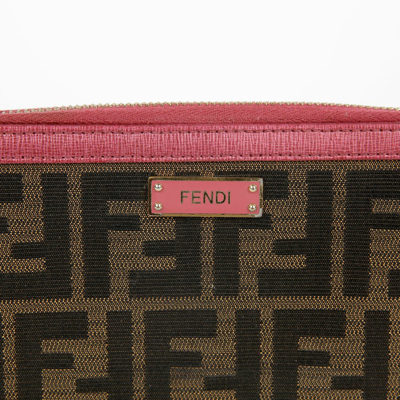 FENDI 粉紅色皮革 Juka 帆布拉鍊長皮夾-2
