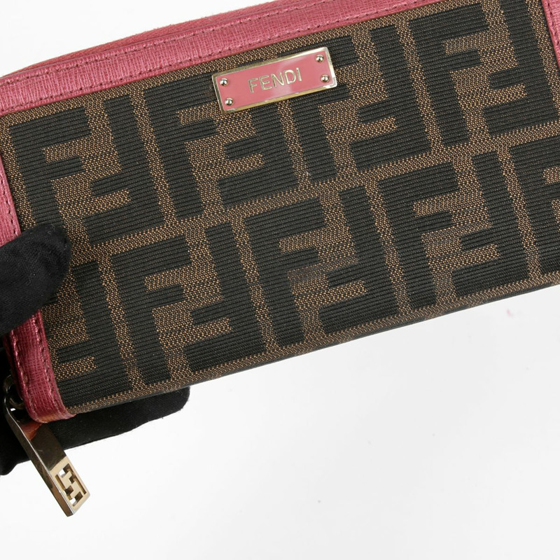 FENDI 粉紅色皮革 Juka 帆布拉鍊長皮夾-3