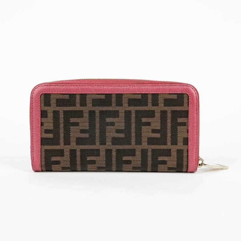 FENDI 粉紅色皮革 Juka 帆布拉鍊長皮夾-4