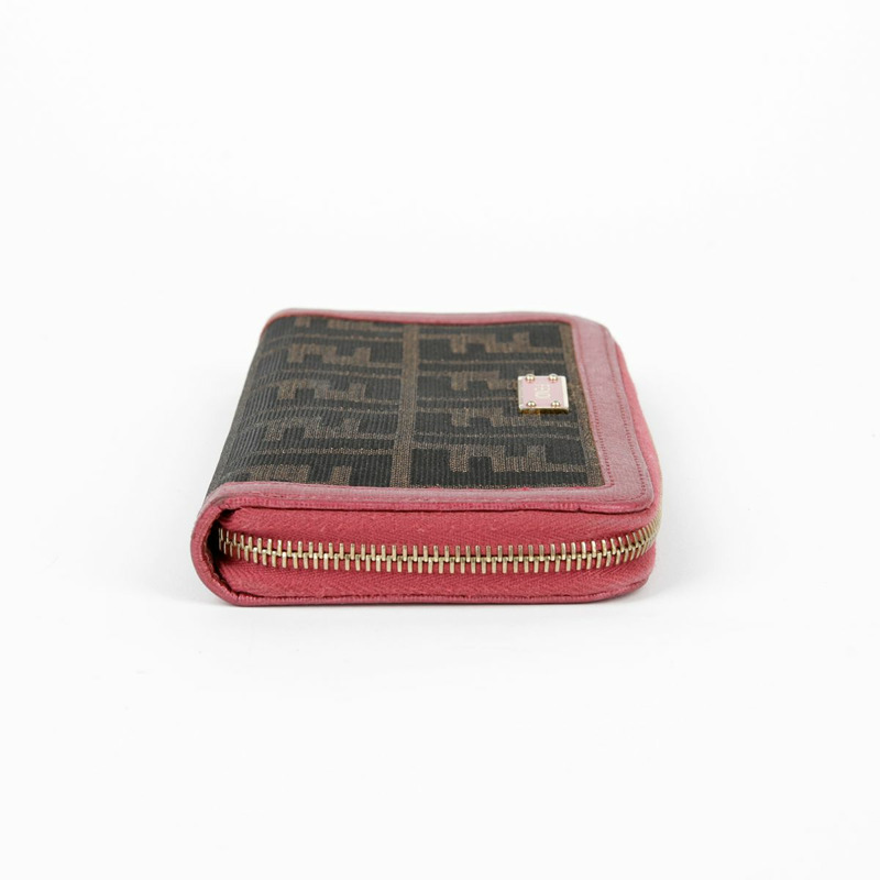 FENDI 粉紅色皮革 Juka 帆布拉鍊長皮夾-5