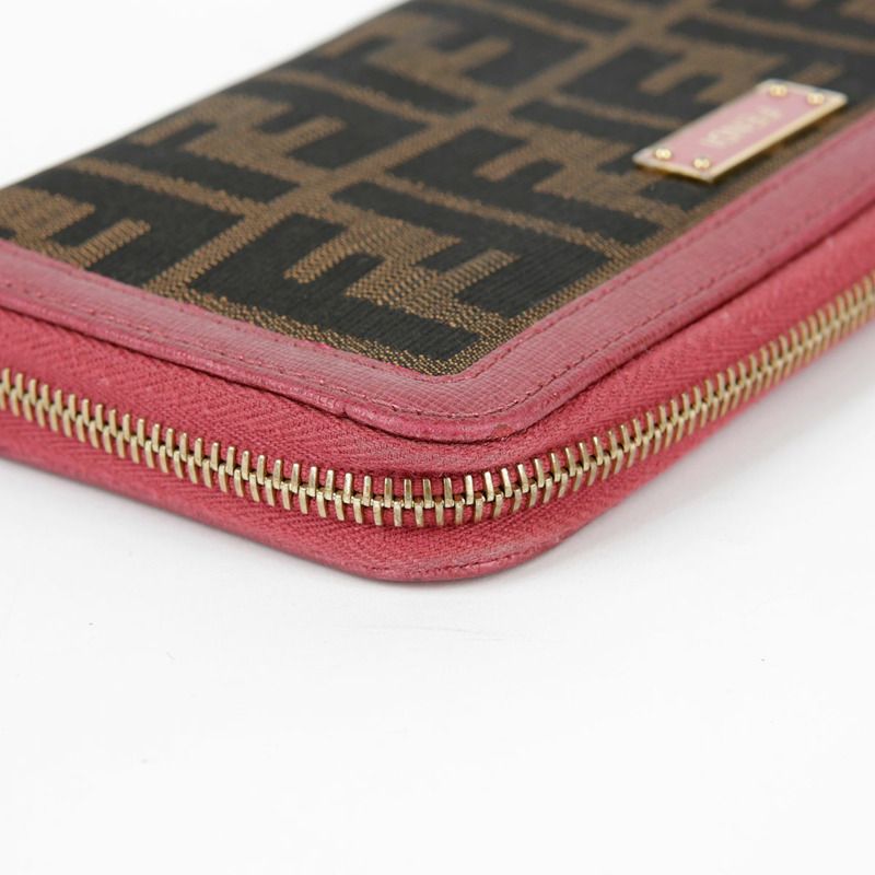 FENDI 粉紅色皮革 Juka 帆布拉鍊長皮夾-6