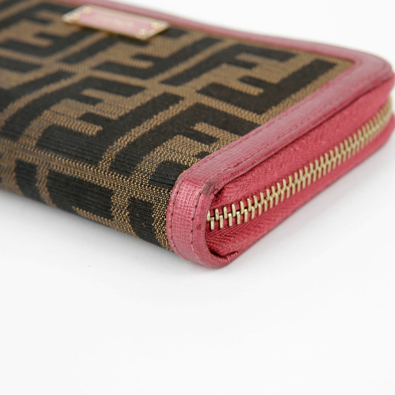 FENDI 粉紅色皮革 Juka 帆布拉鍊長皮夾-7