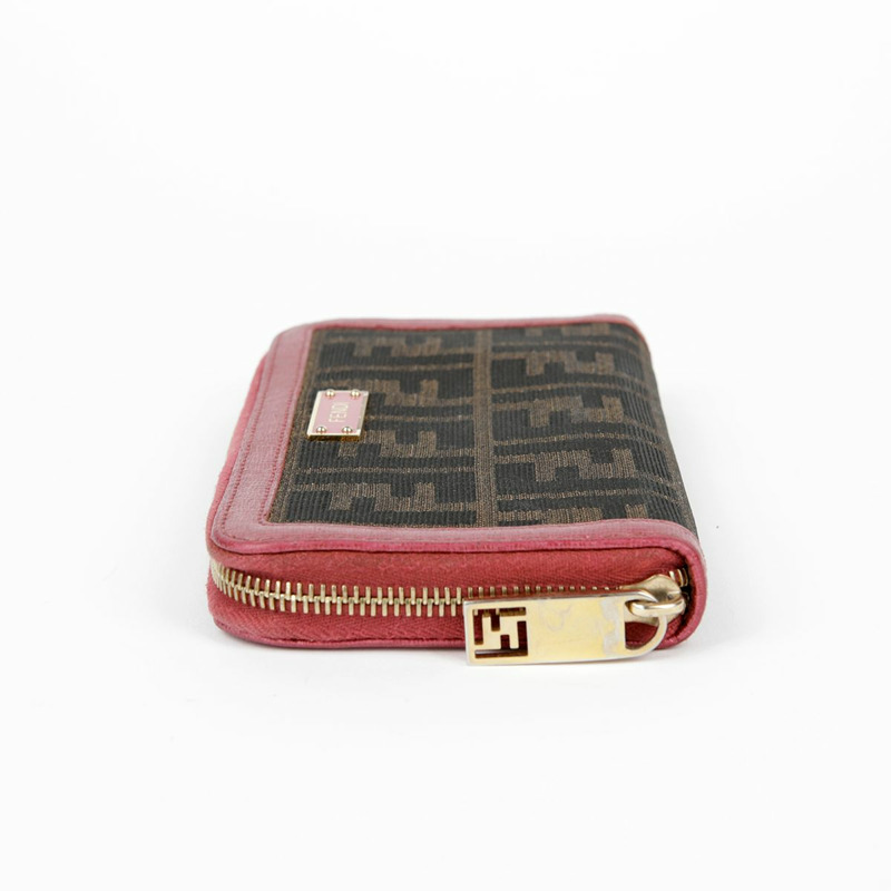 FENDI 粉紅色皮革 Juka 帆布拉鍊長皮夾-8