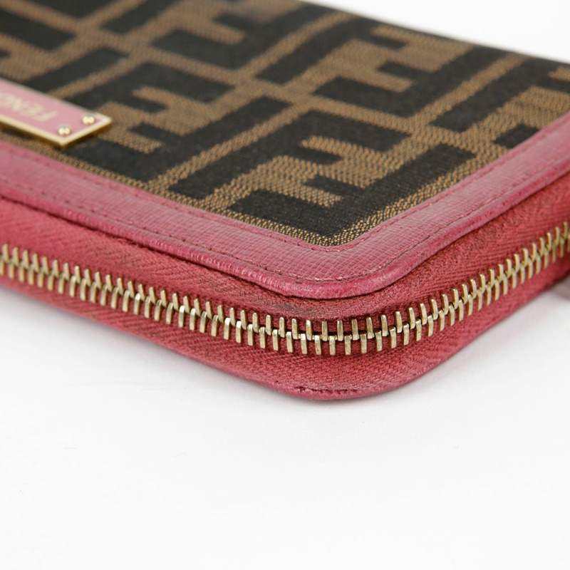 FENDI 粉紅色皮革 Juka 帆布拉鍊長皮夾-9