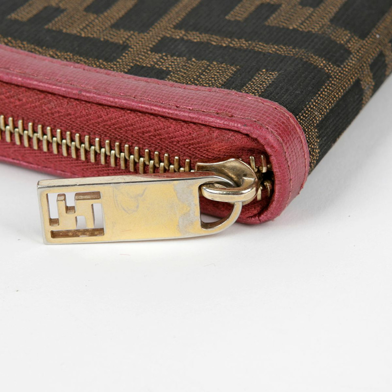 FENDI 粉紅色皮革 Juka 帆布拉鍊長皮夾-10