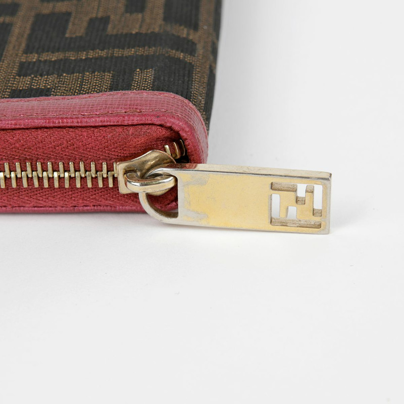FENDI 粉紅色皮革 Juka 帆布拉鍊長皮夾-11