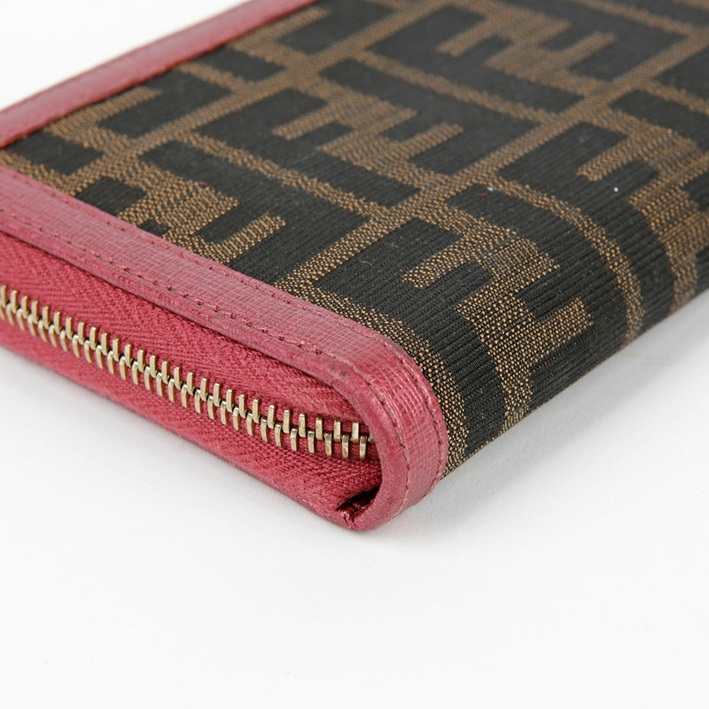 FENDI 粉紅色皮革 Juka 帆布拉鍊長皮夾-15