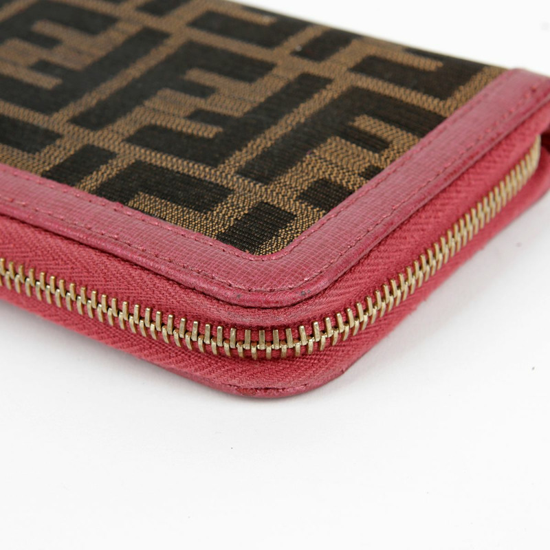 FENDI 粉紅色皮革 Juka 帆布拉鍊長皮夾-16