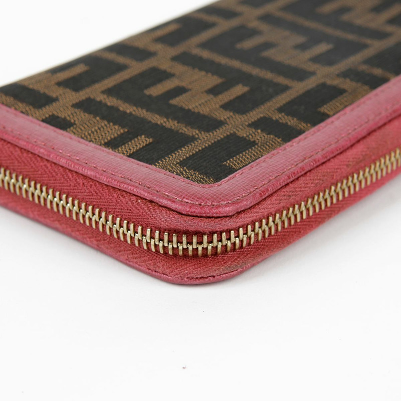 FENDI 粉紅色皮革 Juka 帆布拉鍊長皮夾-17