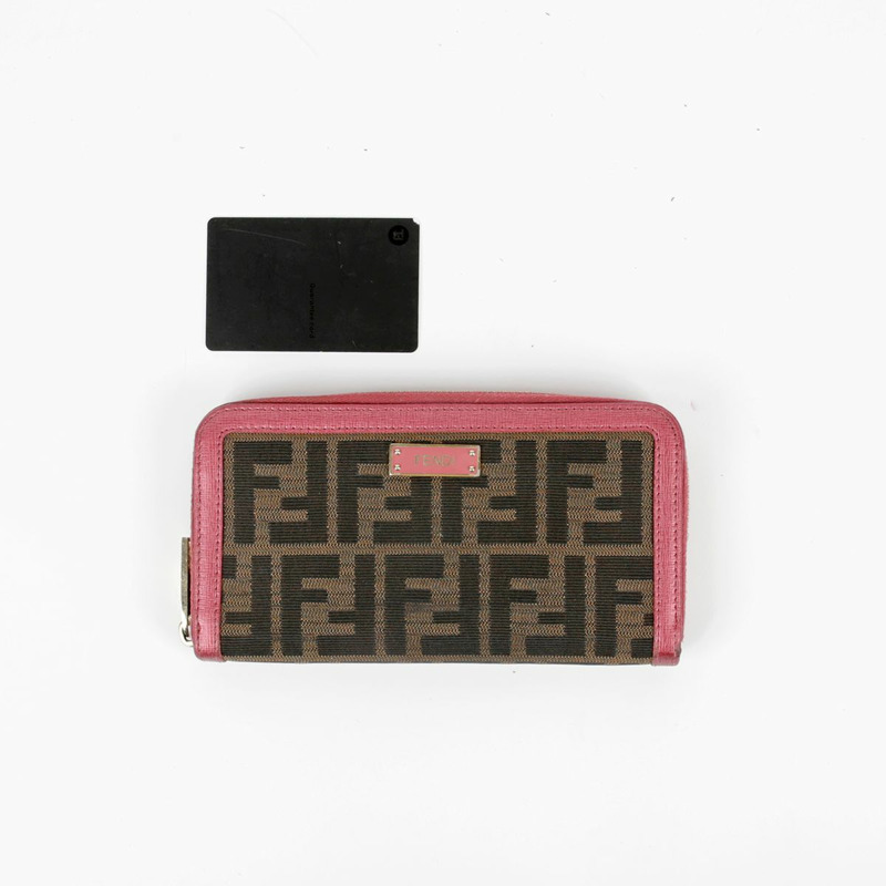 FENDI 粉紅色皮革 Juka 帆布拉鍊長皮夾-19