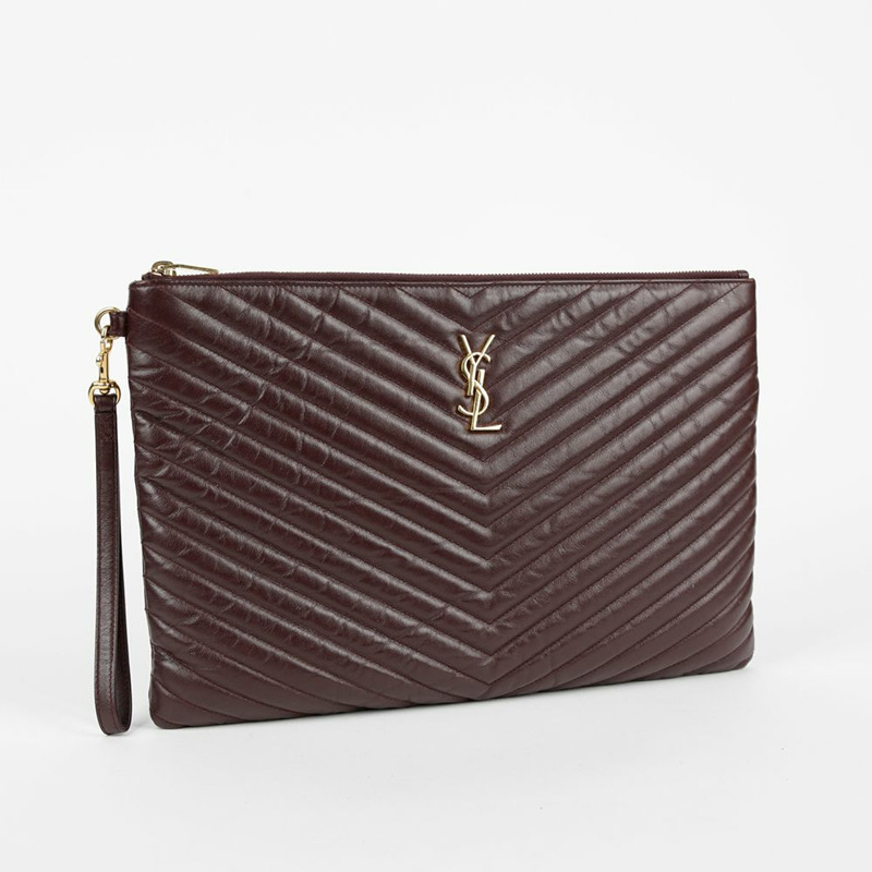 SAINT LAURENT 酒紅色 Matelassé 皮革 Monogram 文件包手拿包-5