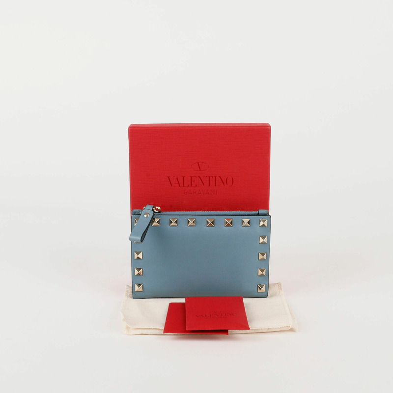 VALENTINO 藍色皮革 Rockstud 拉鍊卡包 0605BOL-0