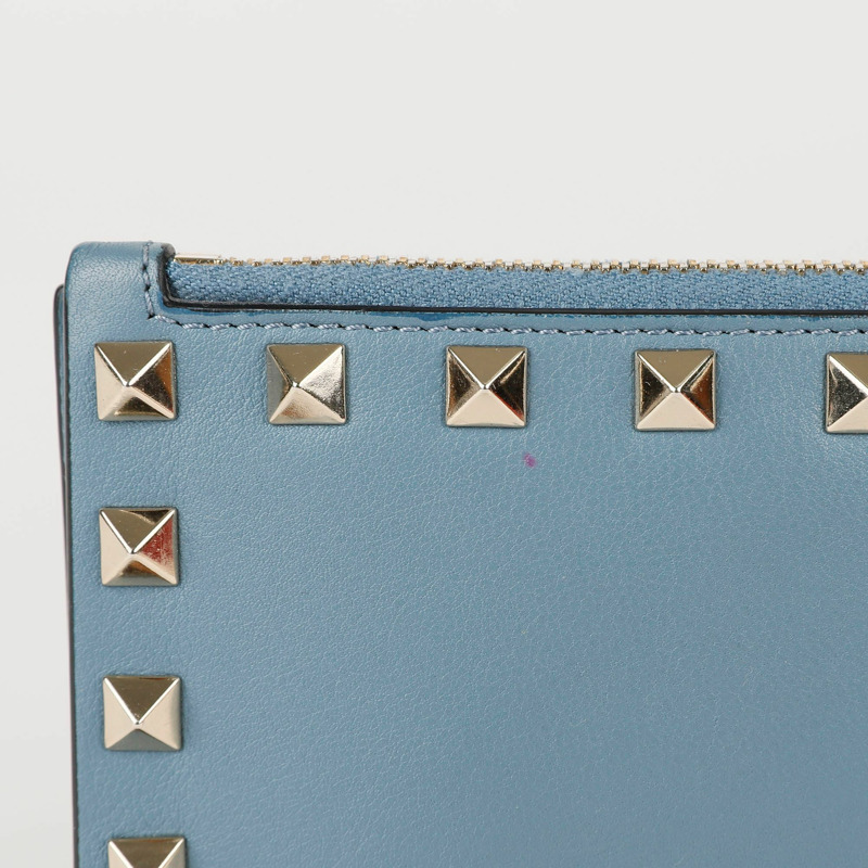 VALENTINO 藍色皮革 Rockstud 拉鍊卡包 0605BOL-2
