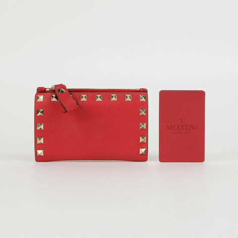 VALENTINO 紅色 Rockstud 皮革拉鍊卡包皮夾