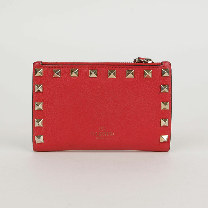 VALENTINO 紅色 Rockstud 皮革拉鍊卡包皮夾-1