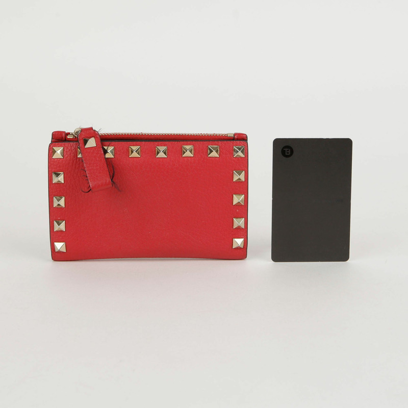 VALENTINO 紅色 Rockstud 皮革拉鍊卡包皮夾-8